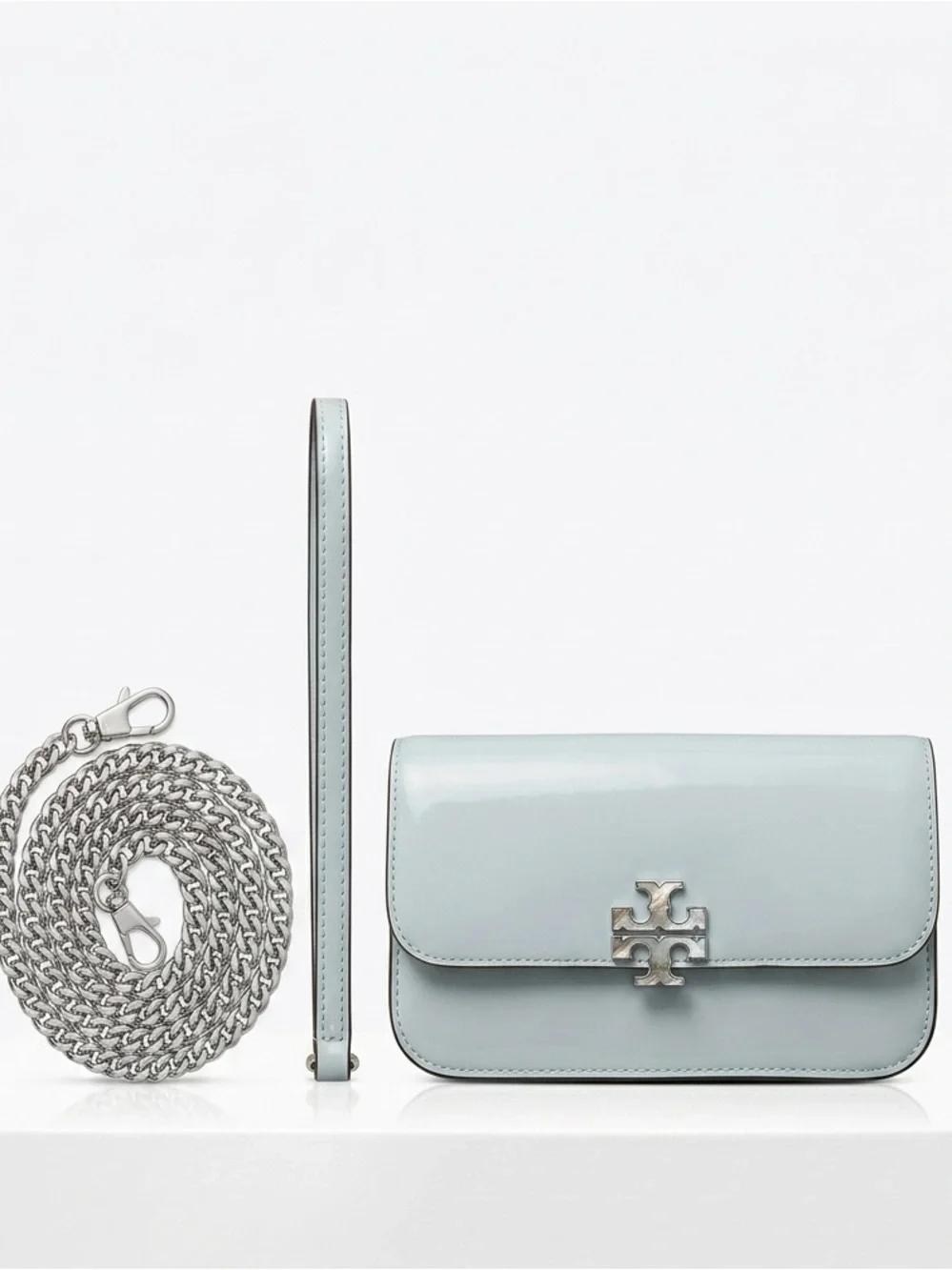 Tory Burch Pale Blue Patent Leather Crossbody Bag Chain Strap